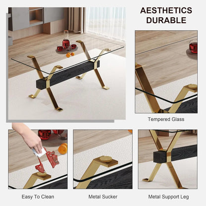 71“ Glass Dining Table Set for 6, Modern 7-Piece Dining Table Set,Rectanglular Tempered Glass Top and Metal Legs, Customized