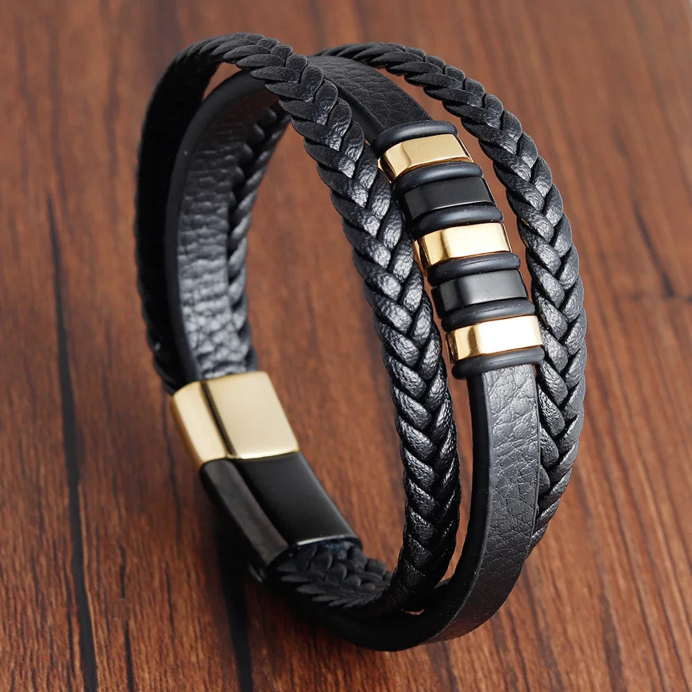 Braid Rope Bracelet For Men.   Stainless Steel, Magnetic Buckle,   Genuine Leather Bracelets & Bangles Male /Female Jewelry