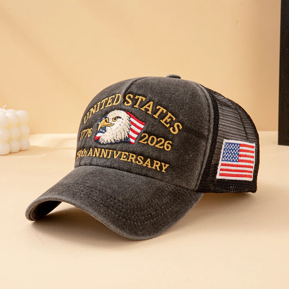 United States 250th Anniversary,  1776-2026 Bald Eagle Embroidered,  Washed Mesh,  American Flag , Adjustable Baseball Cap