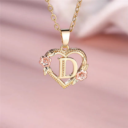 A-Z Letter Flower Pendant Necklace,  Yellow Gold  Wedding Jewelry GifTS