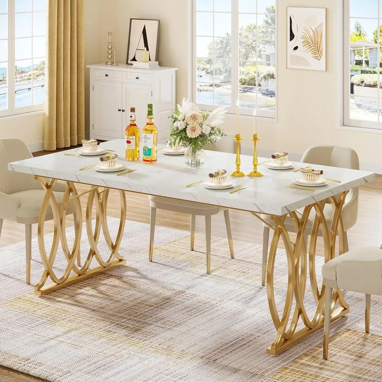 Modern Dining Table, 63" Large Kitchen Table for 4-6 People, Unique Rectangular Dinner Table. Kitchen or Dining Room Furniture
