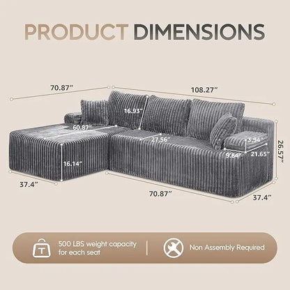 Modular L-Shaped 3-Seat Sectional | Memory Foam with Deep Seating with Storage Module| Living Room Sofa