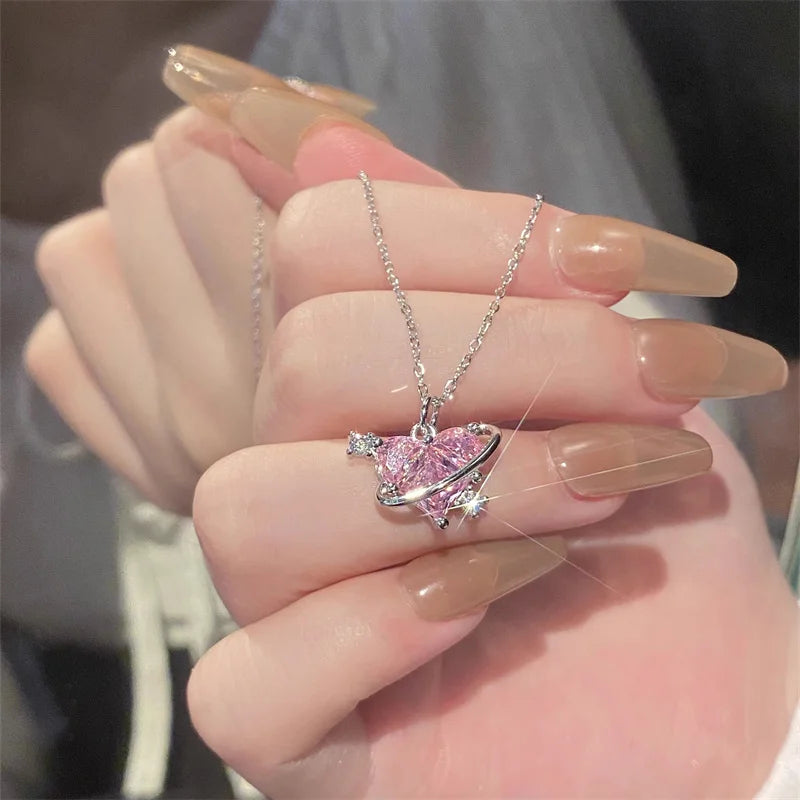 Pink Planet Heart Zircon Pendant Necklaces/ Women Fashion Aesthetic Clavicle Chain. Perfect Gift for MOTHERS DAY, Valentines Day, any special occasion
