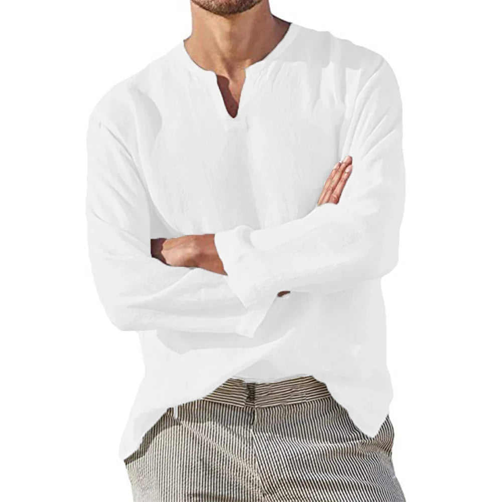 Men's Long Sleeve  / Cotton Linen Shirt.  Solid Colors,  Breathable Cozy Tops  with V -Neck Casual, Hawaiian -Style and Lightweight