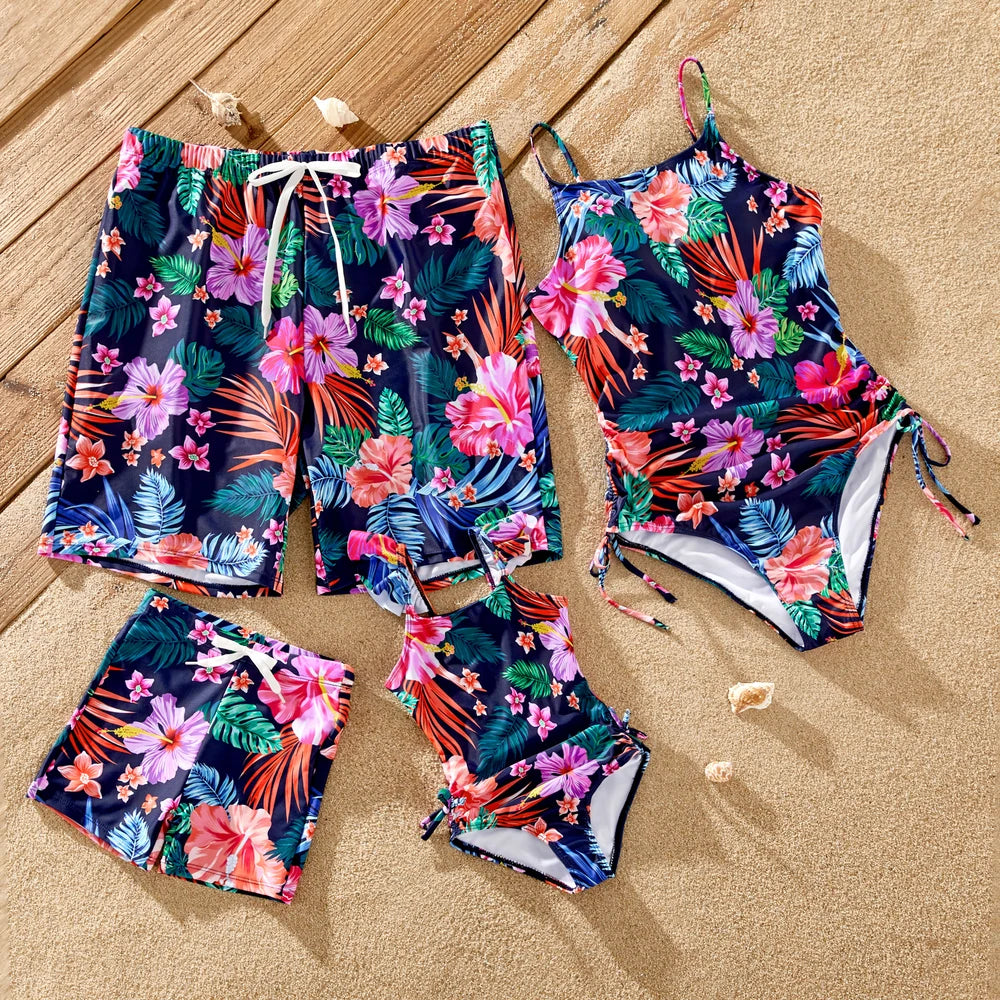 Matching  Family swimwear, Tropical Floral Print Set: Dad/Kid Shorts, Mom/Baby One-Piece Suits