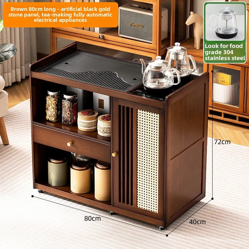 Small, Mobile tea table, Kettle integrated tea cabinet with Solid wood coffee table.  Tea cart Brewing tea table