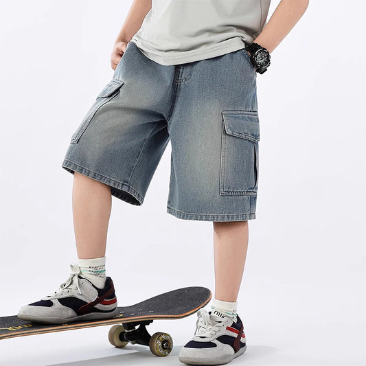 Teen Boys Denim Shorts,  Solid Color,  Big Pocket,Thin Jeans /Pants For 4-14 Year old  BOYS