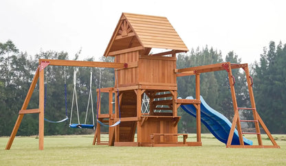 Swing Set for Backyard with Plank Bridge, Wooden Playground Set with 2 Wave Slides, Monkey bar