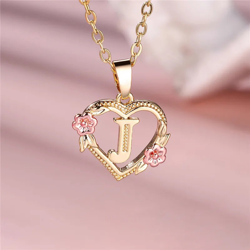 A-Z Letter Flower Pendant Necklace,  Yellow Gold  Wedding Jewelry GifTS