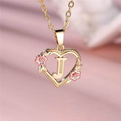 A-Z Letter Flower Pendant Necklace,  Yellow Gold  Wedding Jewelry GifTS