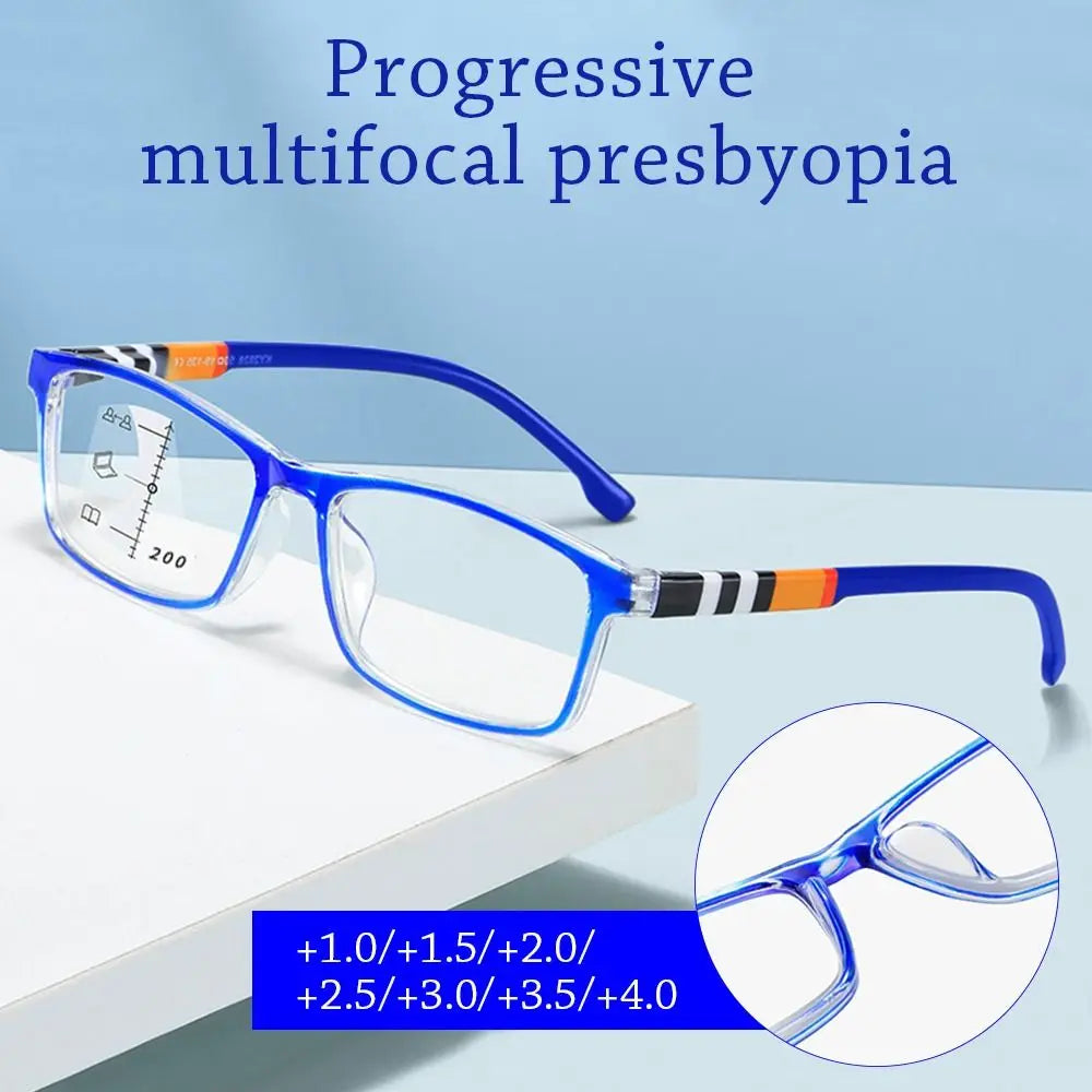 Multifocal Anti-Blue Light Reading Glasses, Progressive Near /Far, Blue Ray Blockin, Square Eyeglasses, Eye Protection Ultralight.  Two colors.  As shown, BLUE and also BLACK