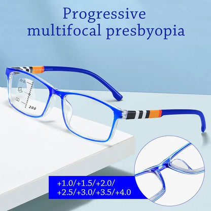 Multifocal Anti-Blue Light Reading Glasses, Progressive Near /Far, Blue Ray Blockin, Square Eyeglasses, Eye Protection Ultralight.  Two colors.  As shown, BLUE and also BLACK
