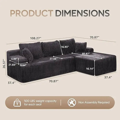 Modular L-Shaped 3-Seat Sectional | Memory Foam with Deep Seating with Storage Module| Living Room Sofa