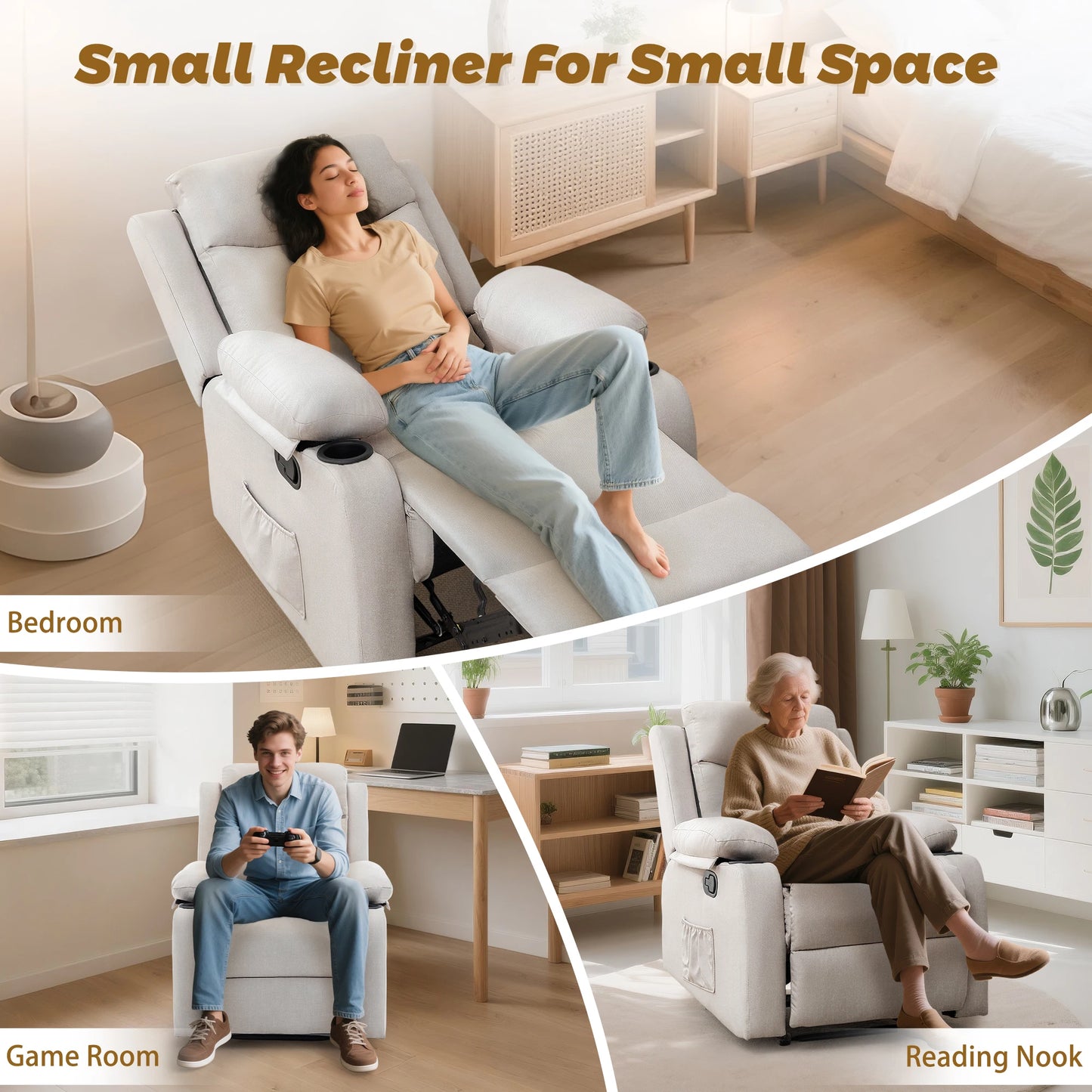 Small Recliners for Small Spaces, Reclining Manual Chair with Cup Holders and Side Pockets  for Living Room, Bedroom