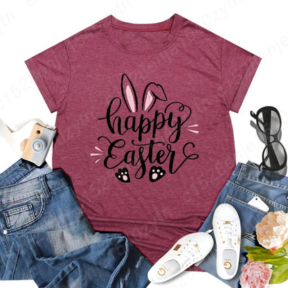 Cute Happy Easter Bunny Print T-Shirts  for Junior Women , Short Sleeve,  Round Neck Tee Shirt Casual,  Soft Summer,  Solid Color T Shirt /Tops