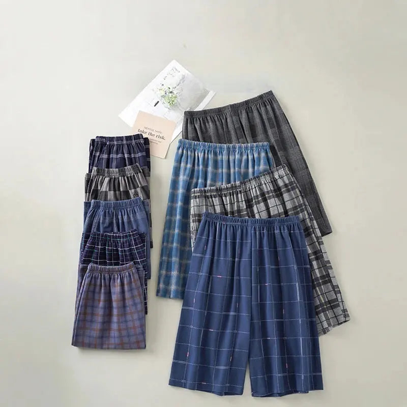 Summer Cotton Plaid Pajama Pants for Adults.  Home Wear,  Cotton Men’s Sleep Bottom with Elastic Waist .  Breathable Shorts