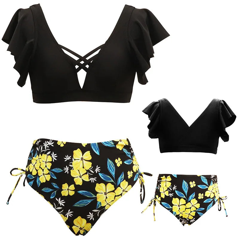 Ruffled Mother /Daughter Matching Swimsuits,  O-Neck,  Mom /Baby,  Woman /Girls Swimwear