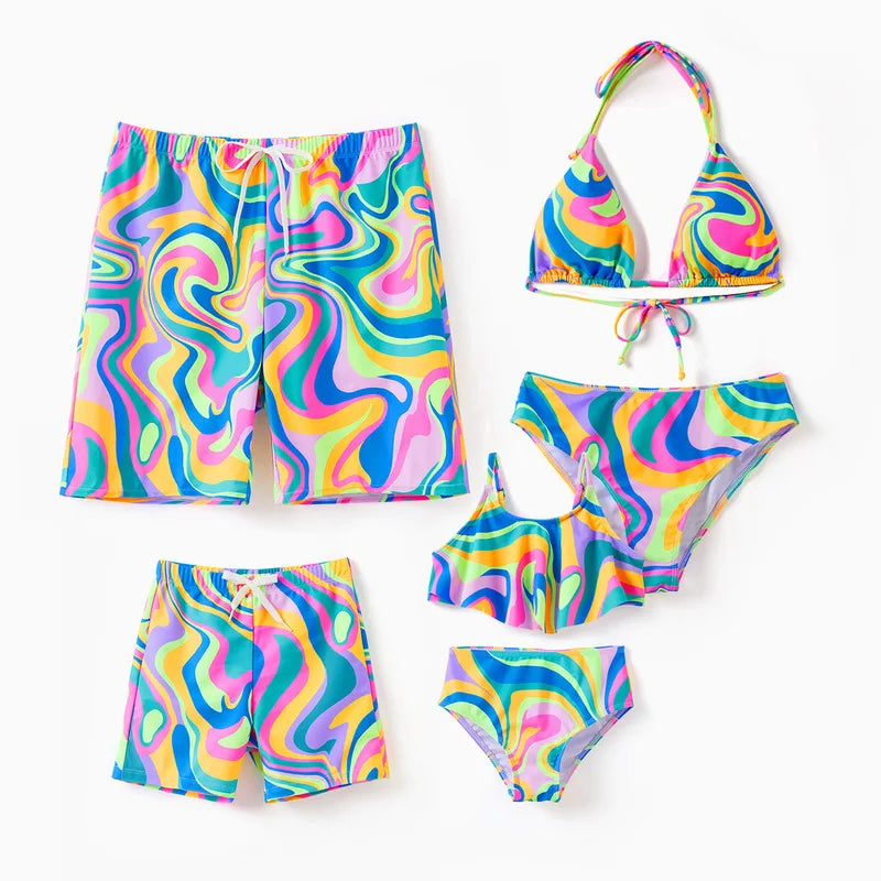 Matching Family swimsuits.   Colorful Tie-Dye Print Swim Trunks or Halter ( two-Piece Bikini)