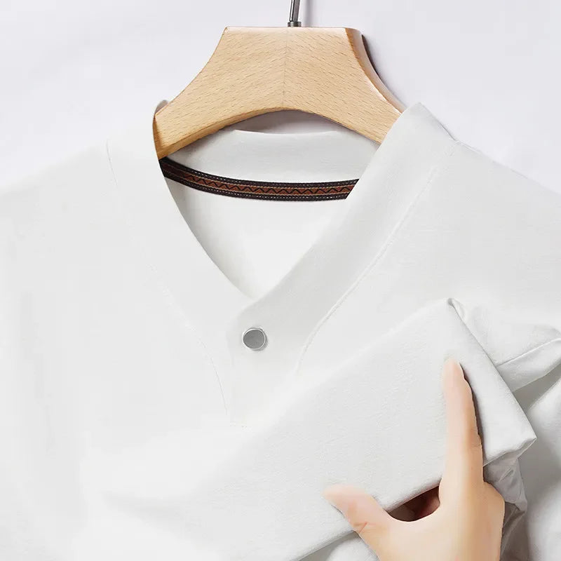 2026 Men's Casual and Fashionable One Button V-neck,  Solid Colors to choose from,  Short Sleeved T-shirt for Summer.