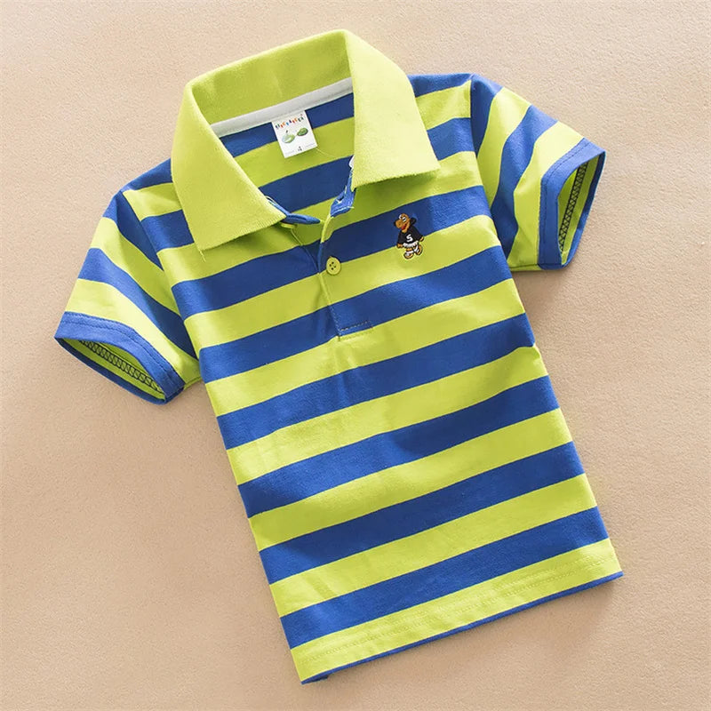 Summer Childrens Short Sleeve Stripe Tees.   Cartoon Bear Embroidery,  Tops Teens Breathable Polo Shirt Kids Clothing