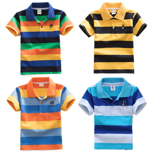 Summer Childrens Short Sleeve Stripe Tees.   Cartoon Bear Embroidery,  Tops Teens Breathable Polo Shirt Kids Clothing