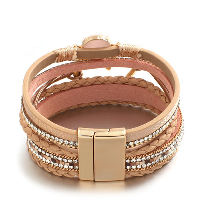 Metal Love Heart Charm,  Leather Bracelets for Women, Fashion Rhinestone Braided Wrap Bracelet , Bangle Female Jewelry Gifts
