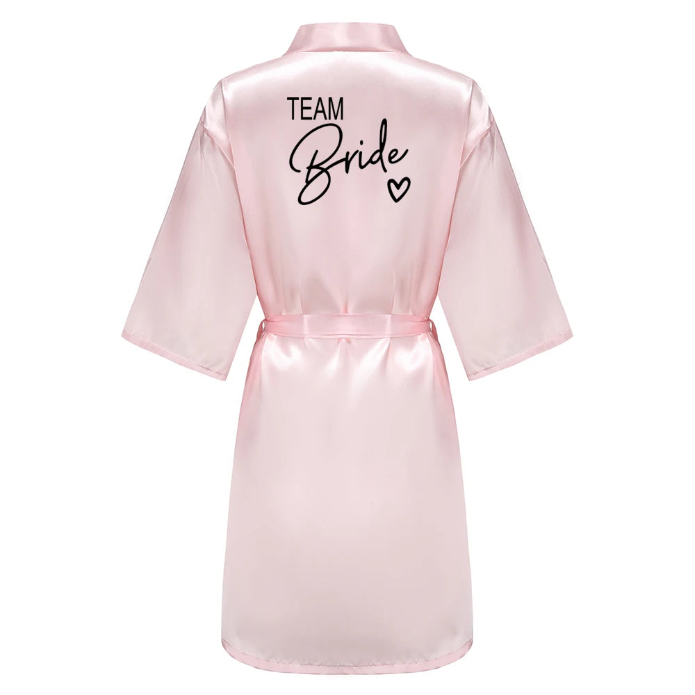 Wedding Party Team Bride Robe With Black Letters, Kimono Style Satin Bridesmaid Bathrobes