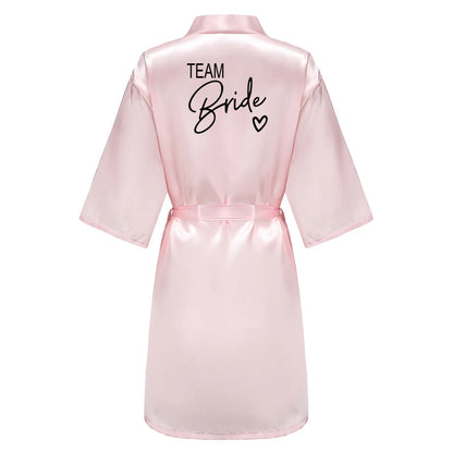 Wedding Party Team Bride Robe With Black Letters, Kimono Style Satin Bridesmaid Bathrobes