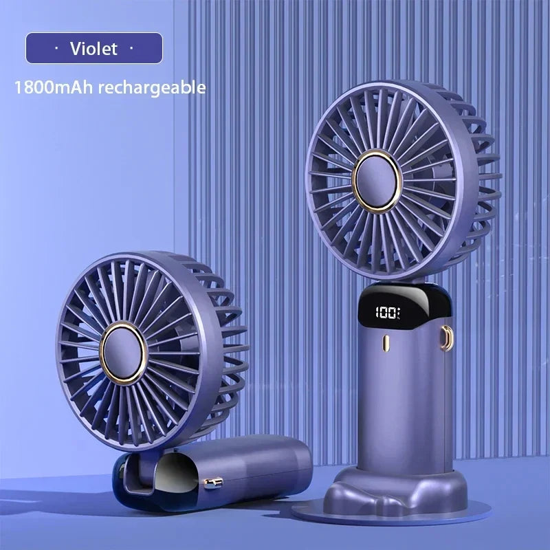 Portable Handheld Mini Fan, Foldable Neck Hanging Fans , 5 Speed USB Rechargeable Fan with Phone Stand and Display Screen, 1800mAh.  BLUE< PURPLE< WHITE Colors are Available