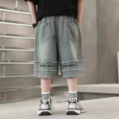 Boys Denim Shorts,  Summer, Half-length Jeans with Elastic Waist Letter Patch, Shorts 4-14YRS
