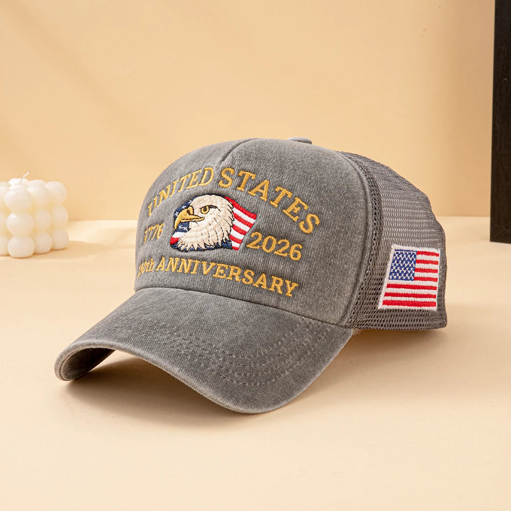 United States 250th Anniversary,  1776-2026 Bald Eagle Embroidered,  Washed Mesh,  American Flag , Adjustable Baseball Cap