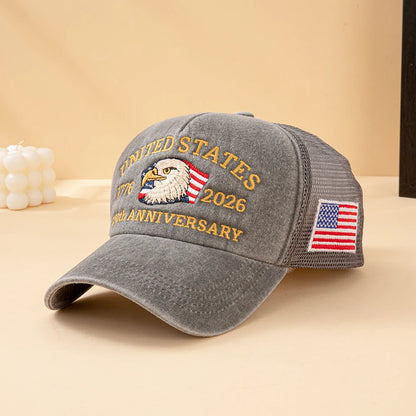 United States 250th Anniversary,  1776-2026 Bald Eagle Embroidered,  Washed Mesh,  American Flag , Adjustable Baseball Cap