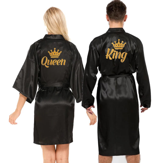 King/ queen glitter writing on back for men and  women,  robe,  satin,  crown design,  honeymoon couple,   kimono robes