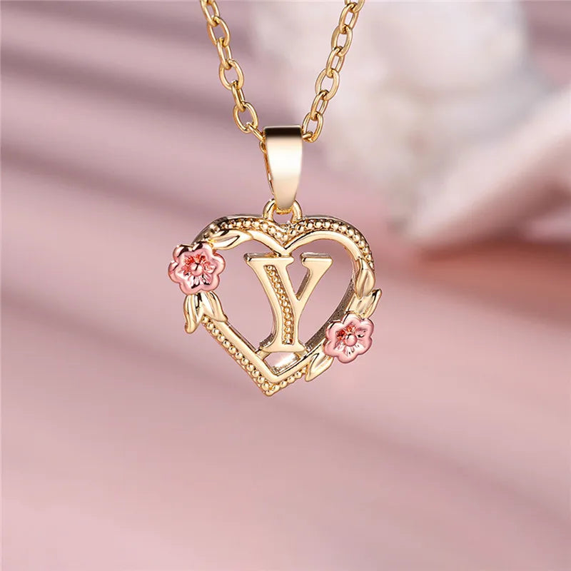 A-Z Letter Flower Pendant Necklace,  Yellow Gold  Wedding Jewelry GifTS