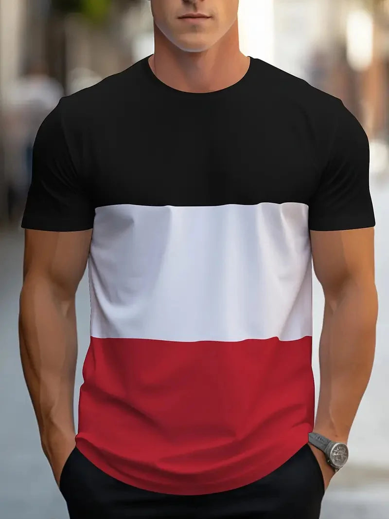 Summer fashion for  men.   Colorful,  geometric print pattern, leisure,  loose, street fitness,  high quality leisure men's T-shirt.  Nice FATHERS DAY choice!!!