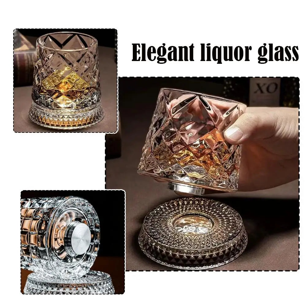 280ml Crystal Rotating Whiskey Glass with Base Ice Flower Bubble Pattern 360° Spinning Glassware For Home Bar Party Wedding