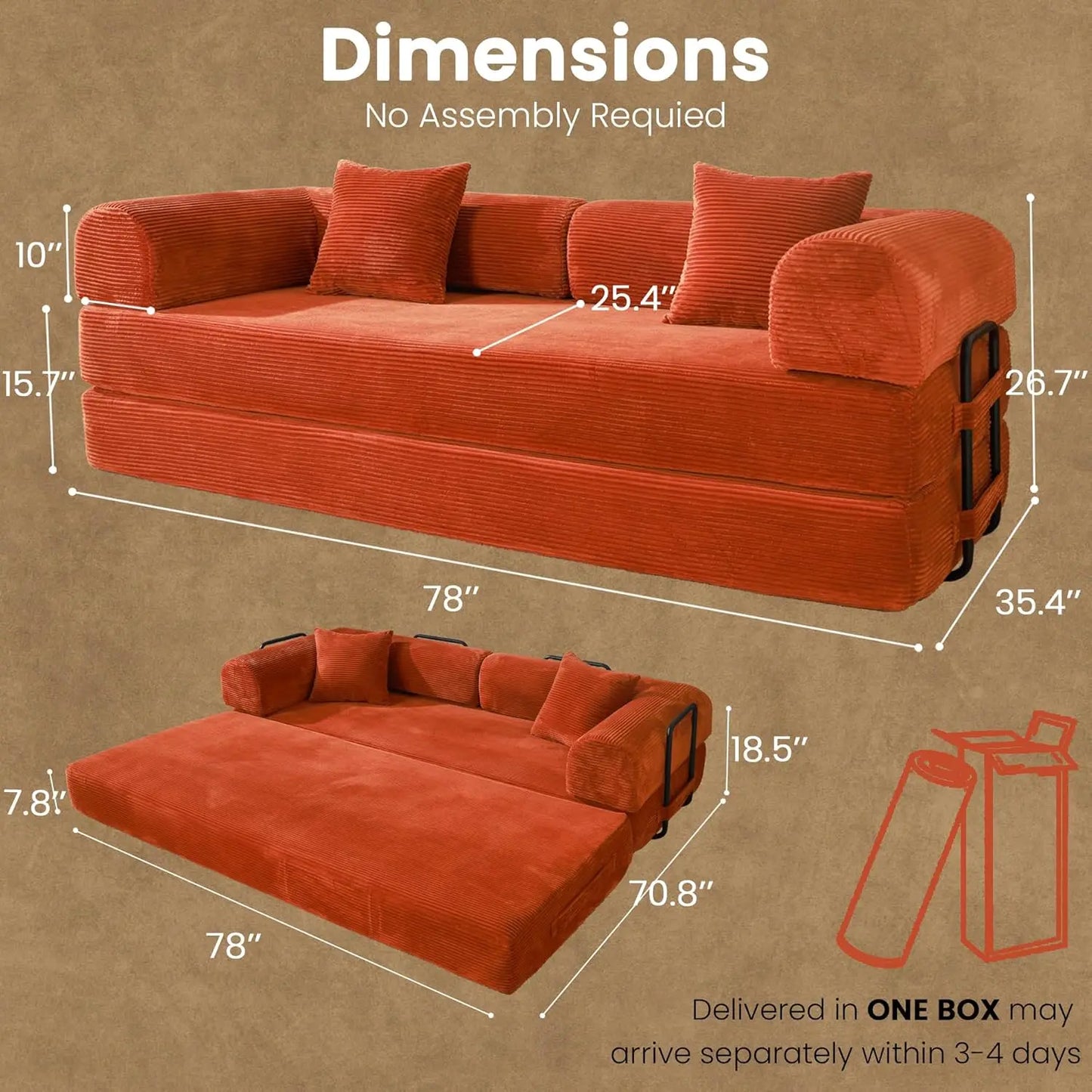79" Convertible Sofa Bed, Boneless Corduroy Sleeper,  Foldable Modular Couch, Memory Foam Compressed Sofa in A Box, Customized