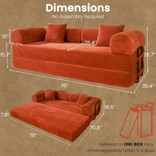 79" Convertible Sofa Bed, Boneless Corduroy Sleeper,  Foldable Modular Couch, Memory Foam Compressed Sofa in A Box, Customized