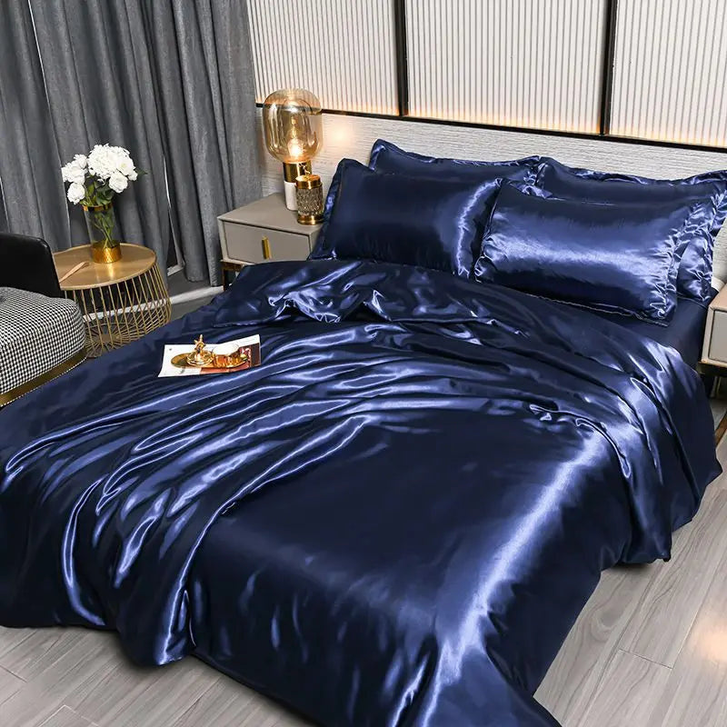 Nordic Satin Silk Bedding Set with Duvet Cover,  Bed Sheet,  Pillowcases.   Luxury Solid Single, Double, Couple Pillow Case and Bedsheet