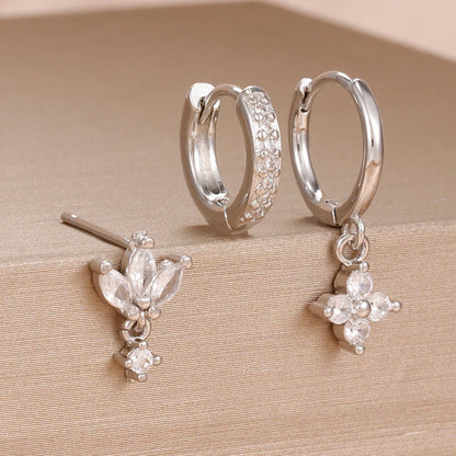 3PCS Fashion Orange Blue Zircon Hanging Earrings Set for Women Stainless Steel Flower Dangle Earring Piercing Jewelry