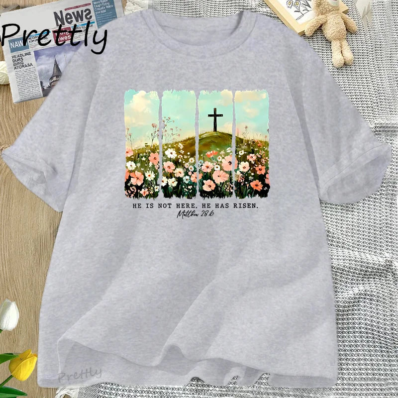 He Is Risen. Wildflower Print Tshirt  for Spring, Easter Designs. T-shirt Women Trendy Easter Christian