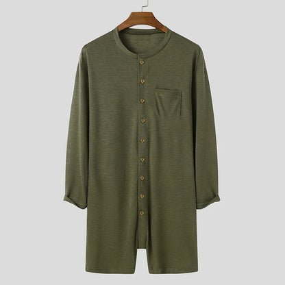 Men Sexy Pajamas /Jumpsuit. Solid Color, Tight O Neck,  Long Sleeve T Shirt and Shorts. One-piece Button-down Breathable Home Wear
