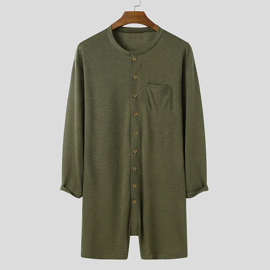 Men Sexy Pajamas /Jumpsuit. Solid Color, Tight O Neck,  Long Sleeve T Shirt and Shorts. One-piece Button-down Breathable Home Wear