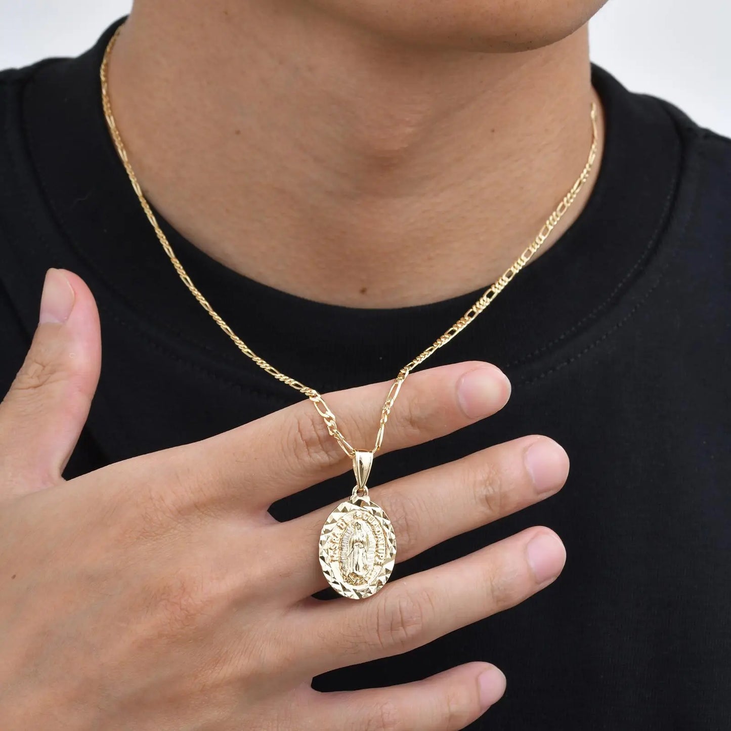 Virgin Mary Necklace for Men Boys,Catholicism Oval Pendant with Figaro Chain,Faith Prayer Jewelry Gift