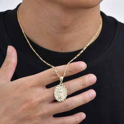 Virgin Mary Necklace for Men Boys,Catholicism Oval Pendant with Figaro Chain,Faith Prayer Jewelry Gift