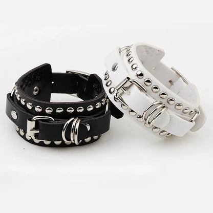 Punk Black White Rock Spikes Rivet Chains Bracelets for Women/ Men Gothic Punk Wide Cuff Leather,  Couples Bangle Jewelry. White is lowest on availability, BUT theres a Black/White 2fer that a great deal, even 2 people to sha