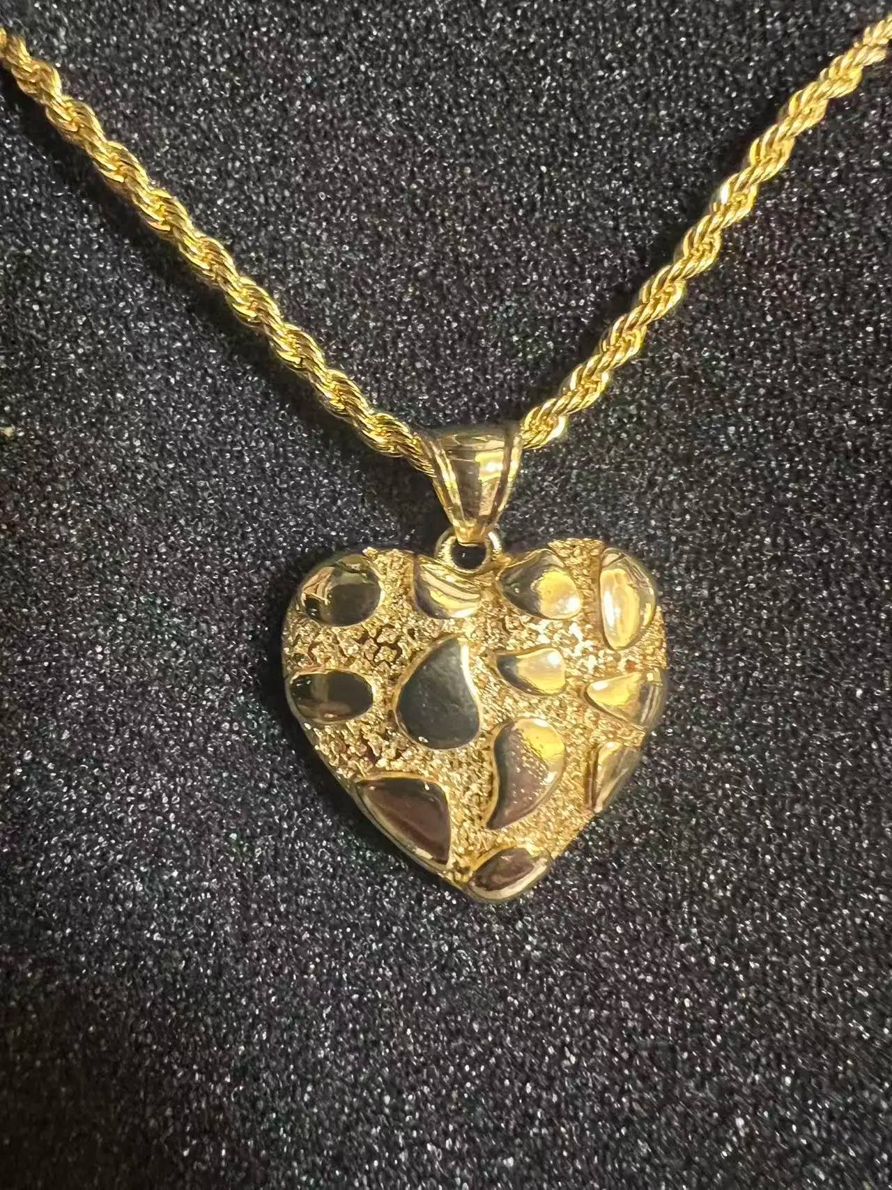 18K Gold Filled Rope Chain Necklace Nugget Heart Pendant