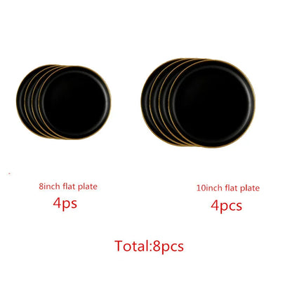 Gilt Rim Black Porcelain Dinner Plates,  Kitchen Dishes,  Ceramics,  Tableware Food Tray,  Rice, Salad, Noodles Bowl , Cutlery Set