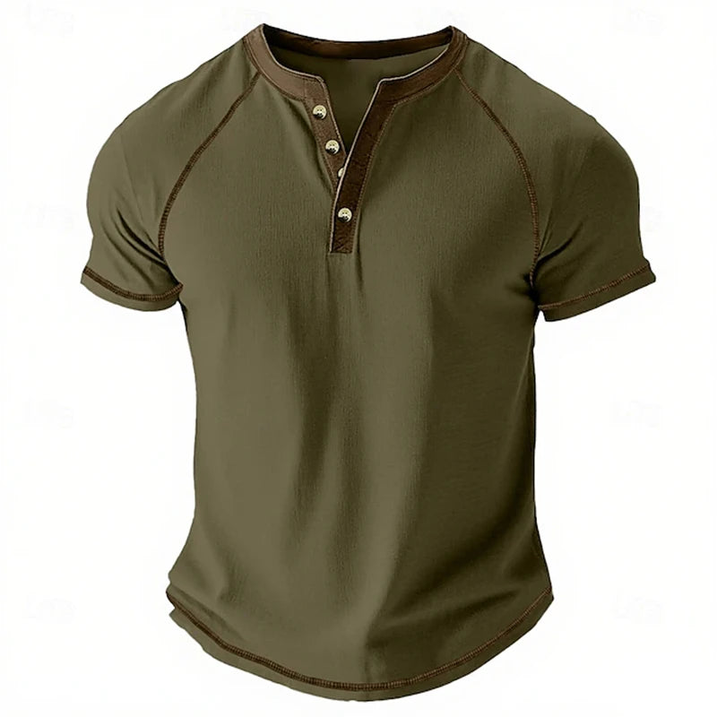 Retro Men's Button-Down T-Shirt  (HENLEY-STYLE), Minimalist Print T-Shirt,  Loose-Fit,  Casual Summer Shirt,  Stylish Streetwear Men.