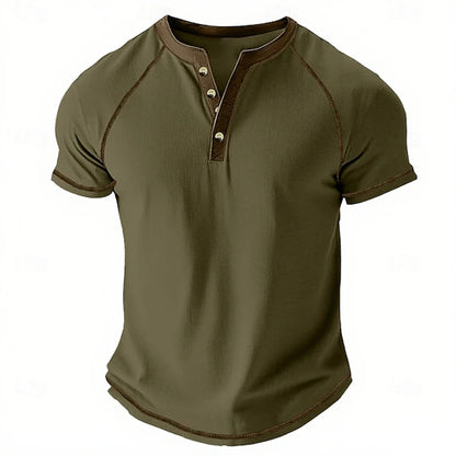 Retro Men's Button-Down T-Shirt  (HENLEY-STYLE), Minimalist Print T-Shirt,  Loose-Fit,  Casual Summer Shirt,  Stylish Streetwear Men.